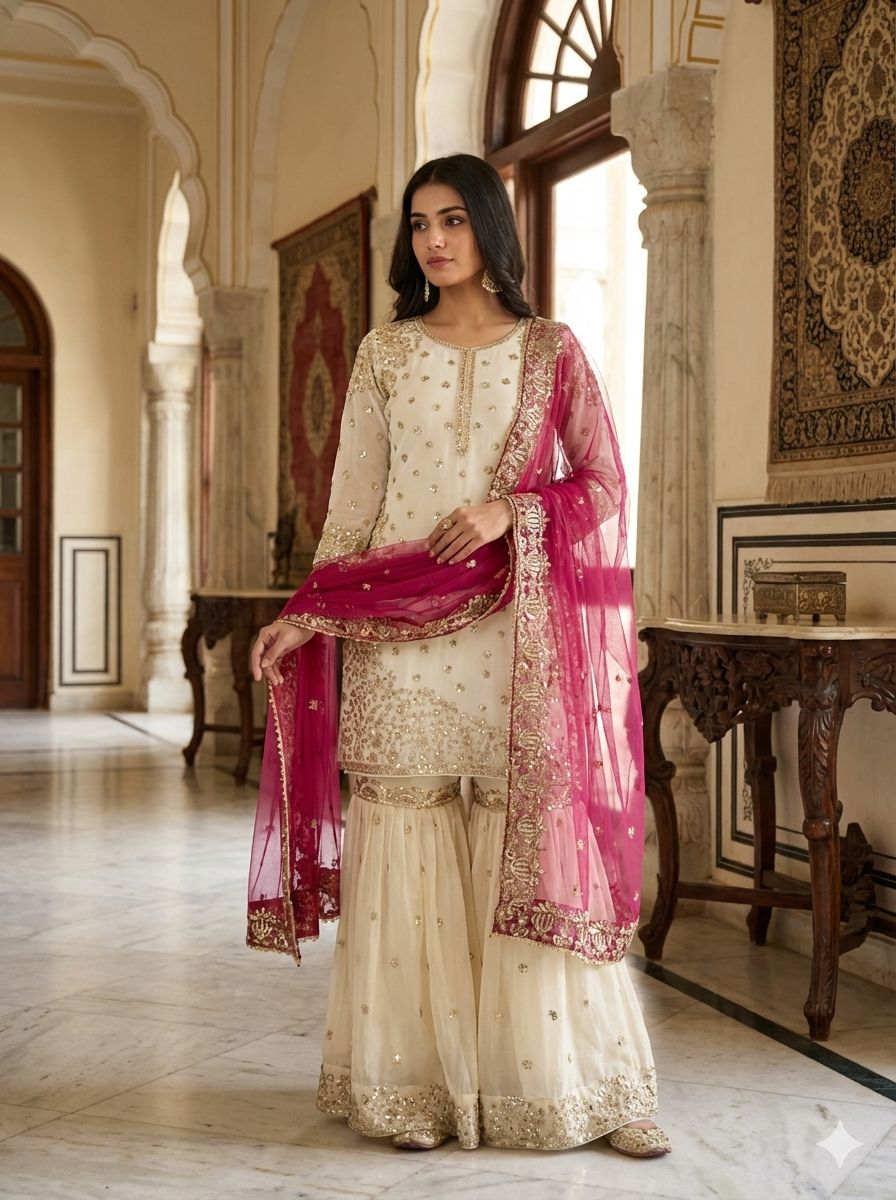 Dark pink Pure Fendy silk sequence embroidered gharara suit front look - WishTown Fashion Club
