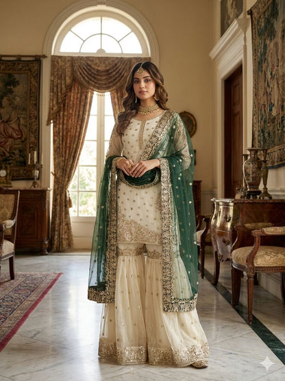 Green Pure Fendy silk embroidered gharara suit elegant festive outfit - WishTown Fashion Club
