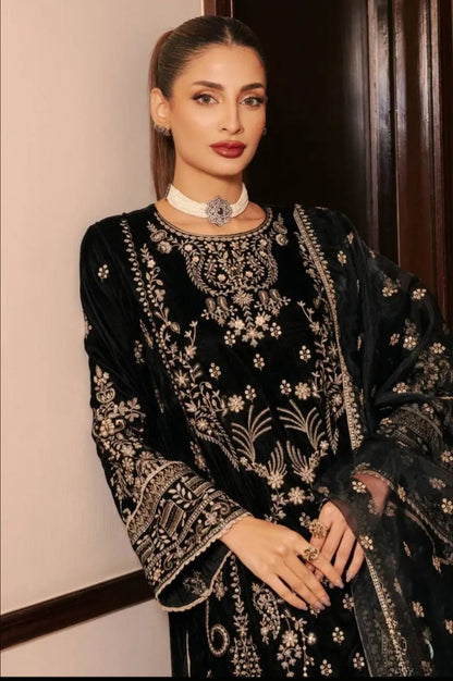 Black Korean satin silk ethnic suit set with embroidered dupatta elegant look - WishTown Fashion Club

