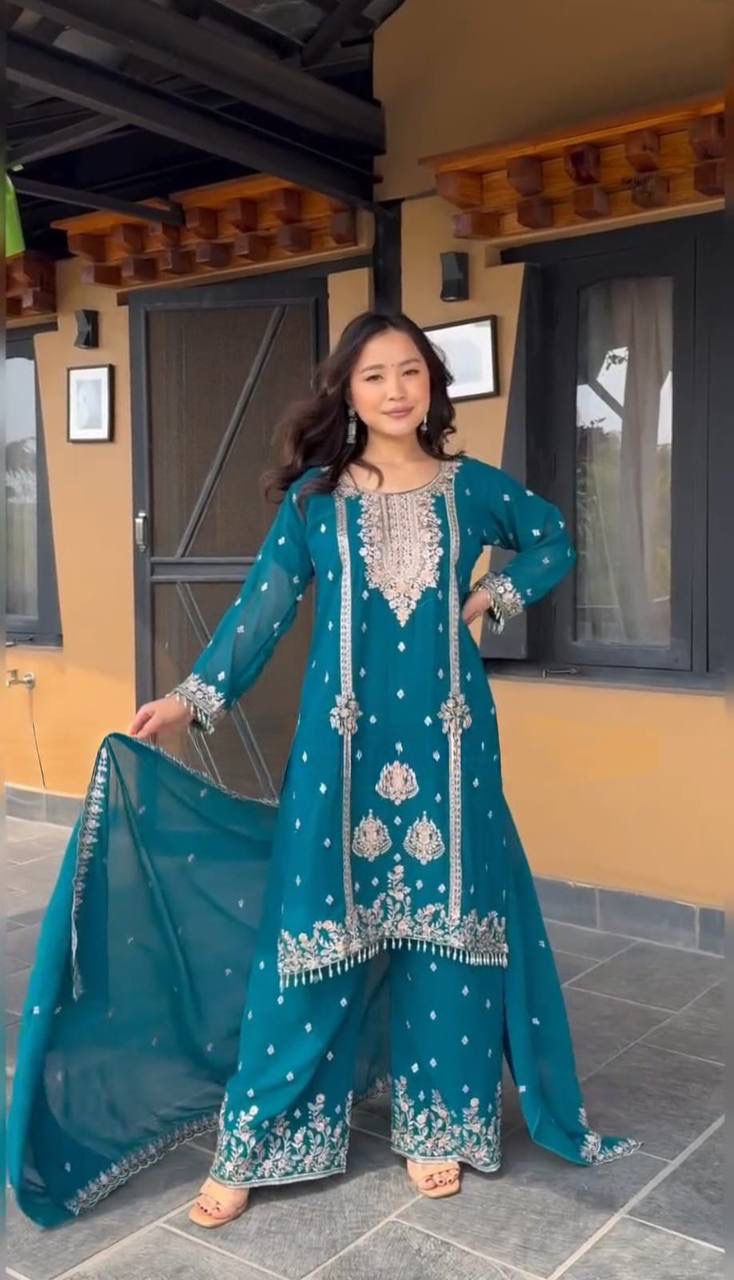 Blue party wear chinon silk suit with sequence embroidery detailed look - WishTown Fashion Club
