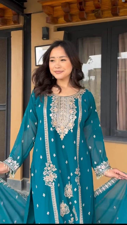 Blue heavy pure chinon palazzo suit with moti lace work close view - WishTown Fashion Club
