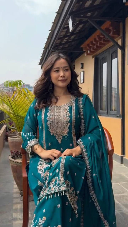 Blue designer chinon suit set with embroidered dupatta elegant festive style - WishTown Fashion Club
