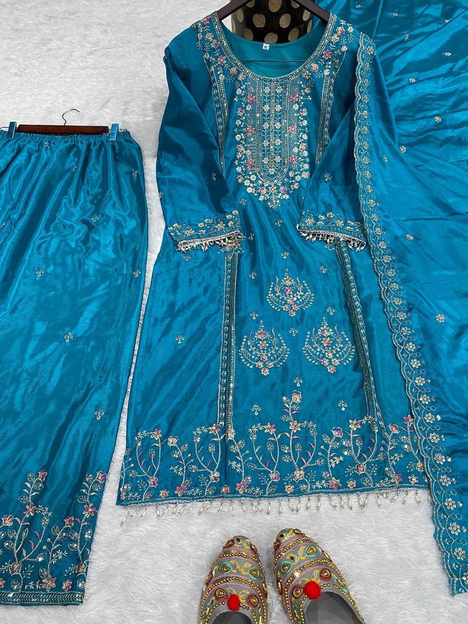 Blue wedding wear embroidered chinon silk 3 piece suit set full outfit look - WishTown Fashion Club