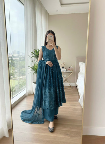 Teal blue fancy cut top with palazzo and dupatta party wear look - WishTown Fashion Club
