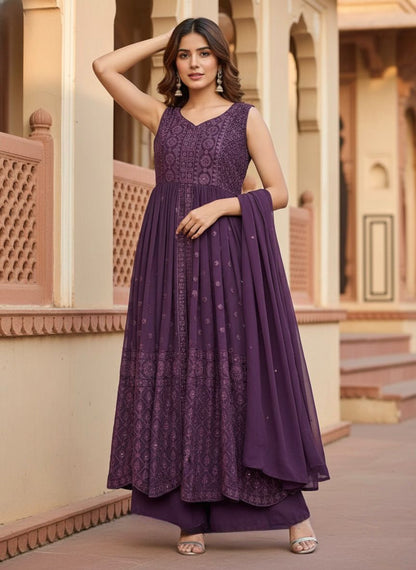 Purple designer palazzo suit with sequins dupatta festive style - WishTown Fashion Club
