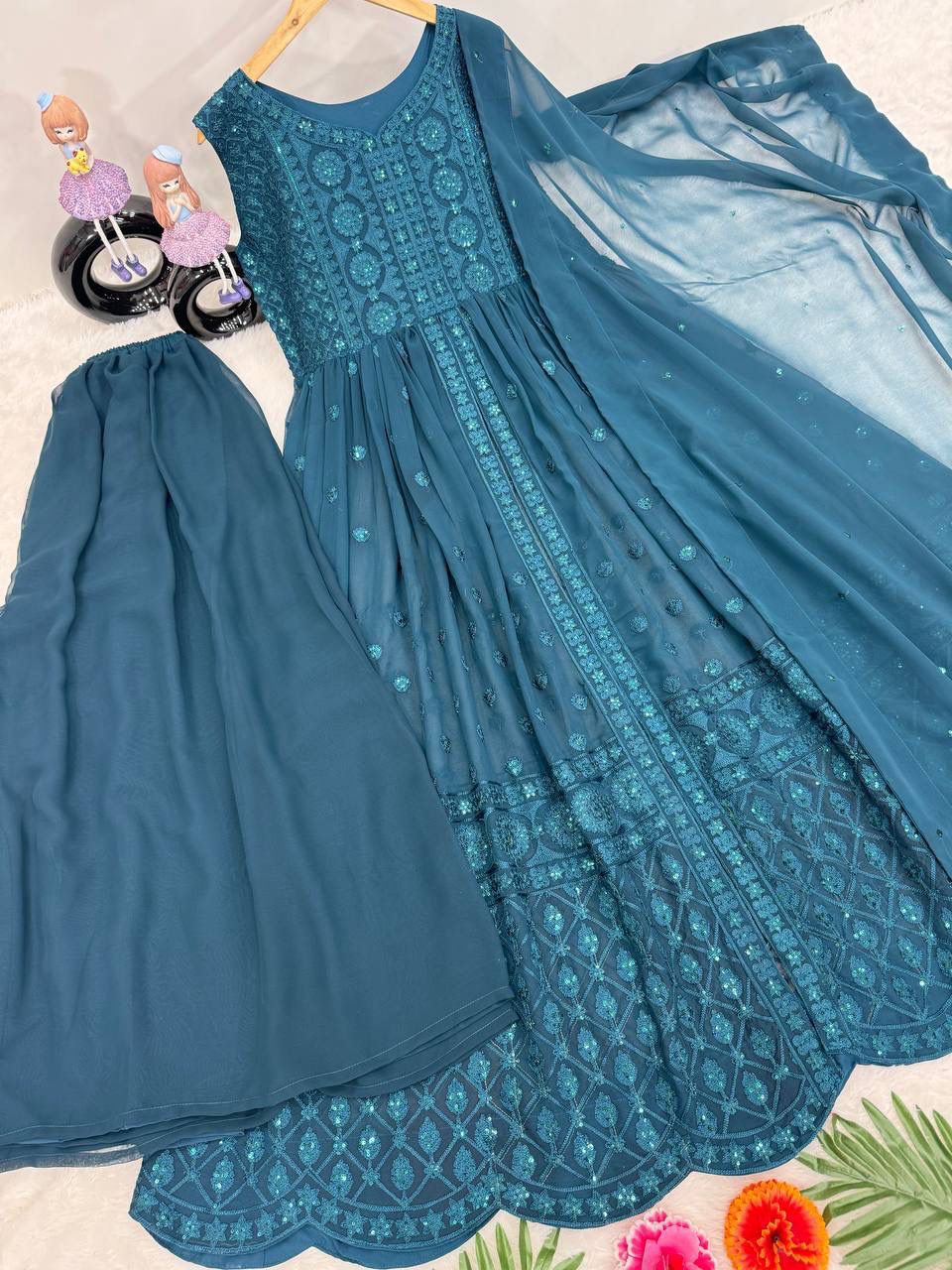 Teal blue fancy cut top with palazzo and dupatta party wear look - WishTown Fashion Club
