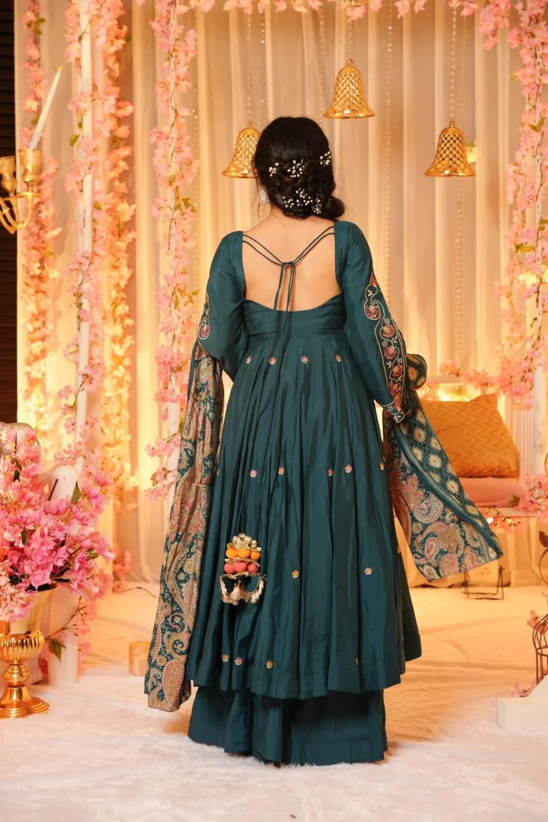 Teal blue sequence embroidered kurti with 2.5 meter flared sharara detailed look - WishTown Fashion Club