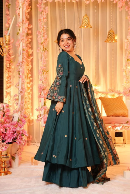 Teal blue designer sharara gown set with elegant embroidery close up - WishTown Fashion Club