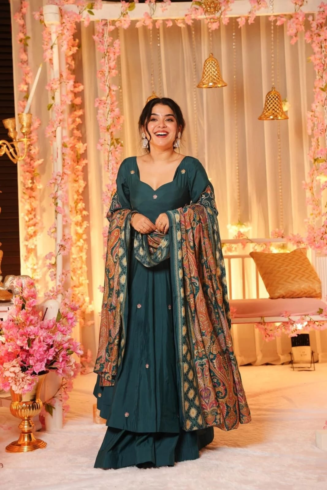 Teal blue festive wear chanderi sharara suit with heavy silk crepe dupatta - WishTown Fashion Club