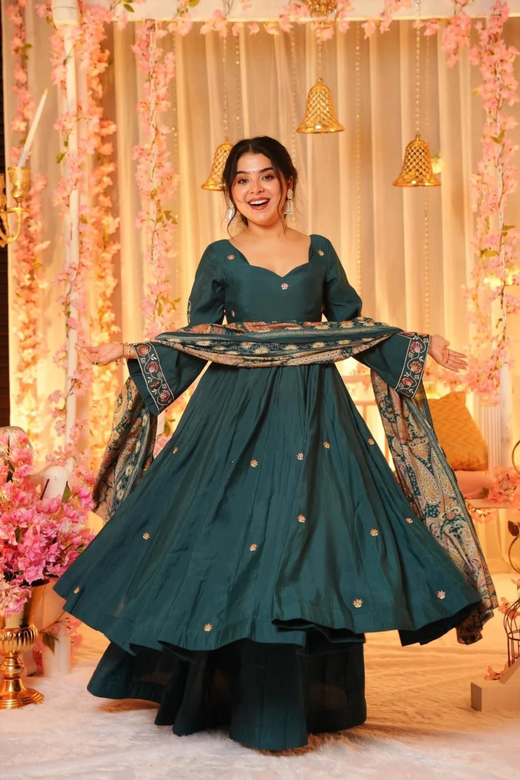 Teal blue pure viscose chanderi embroidered sharara gown set front view - WishTown Fashion Club