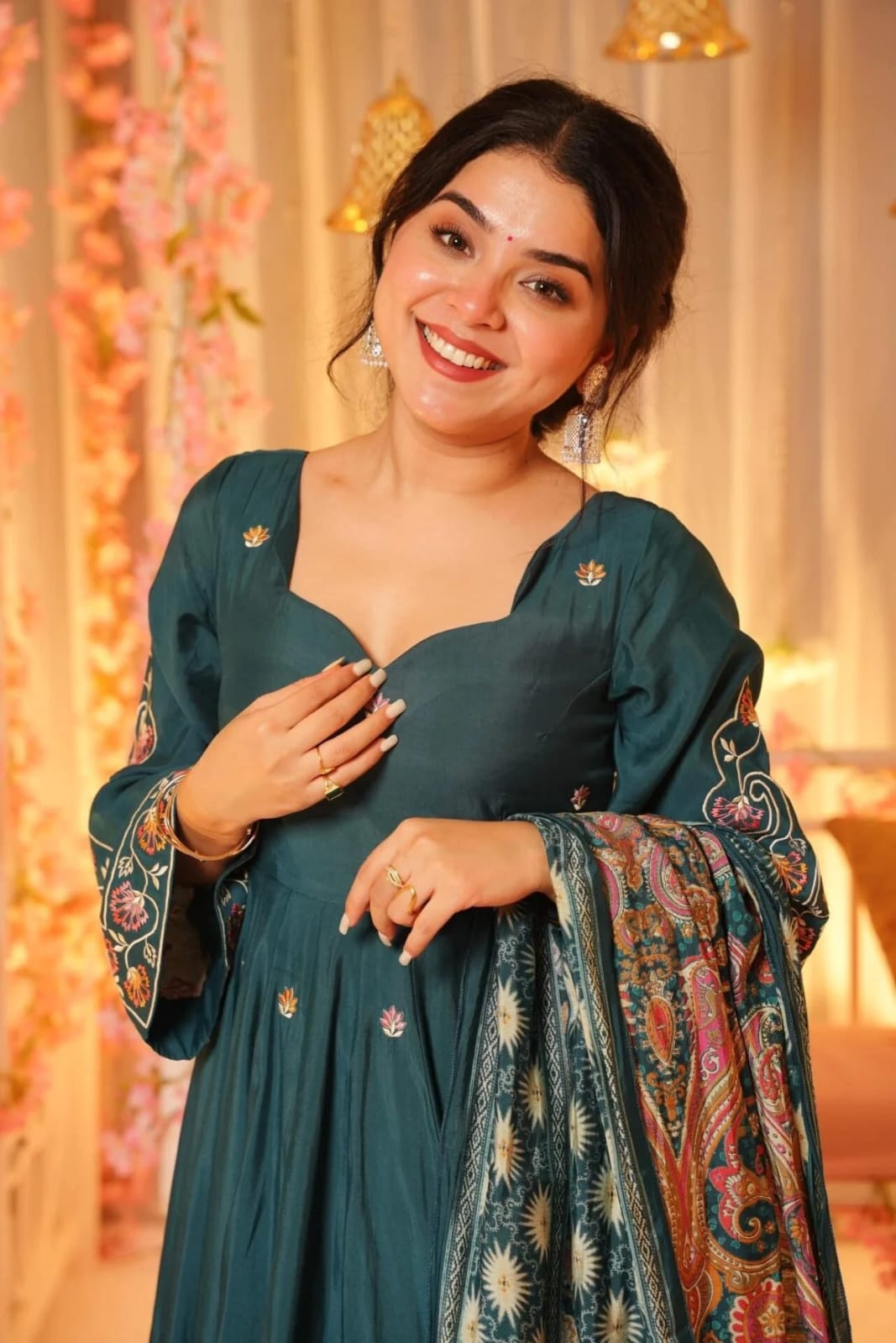 Teal blue wedding wear viscose chanderi kurti and flared sharara full length image - WishTown Fashion Club