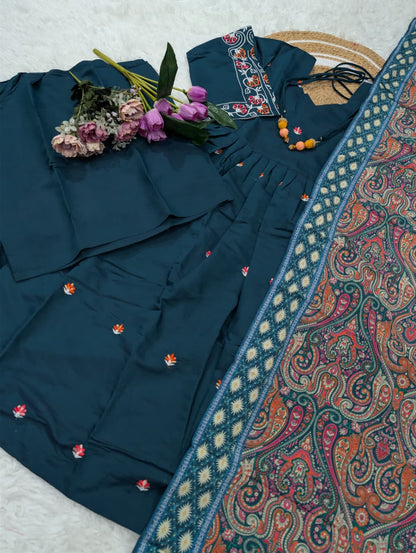 Teal blue wedding wear viscose chanderi kurti and flared sharara full length image - WishTown Fashion Club