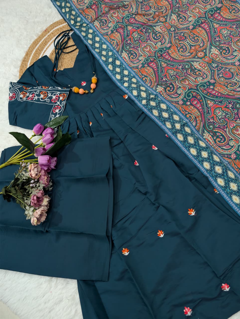 Teal blue ready to wear party wear sharara gown outfit elegant look - WishTown Fashion Club