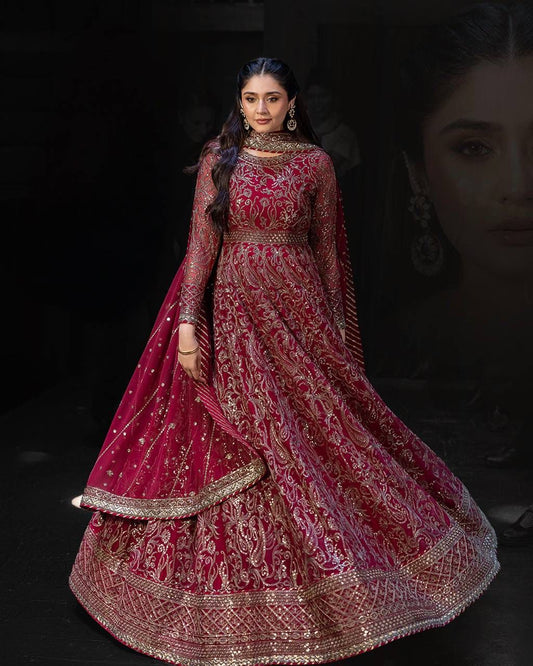 Maroon heavy faux georgette embroidered gown with butter silk bottom and dupatta front view - WishTown Fashion Club