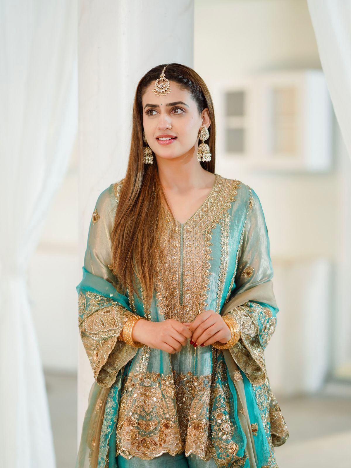 Pastel green designer sharara suit with 5 mm sequins zari and thread embroidery work - WishTown Fashion Club