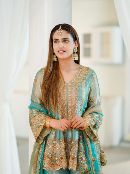 Pastel green designer sharara suit with 5 mm sequins zari and thread embroidery work - WishTown Fashion Club