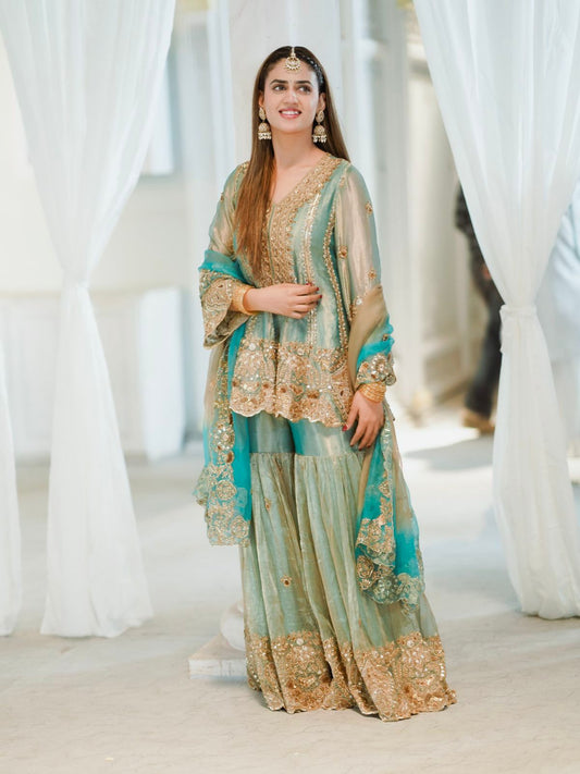 Pastel green ethnic kurti with embroidered sharara and digital printed dupatta - WishTown Fashion Club