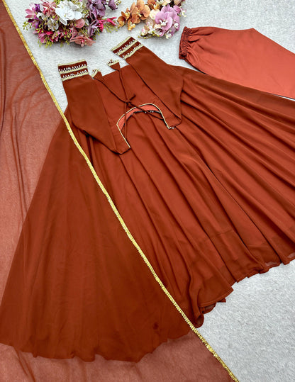 Brown ready to wear fox georgette festive gown set full length image - WishTown Fashion Club