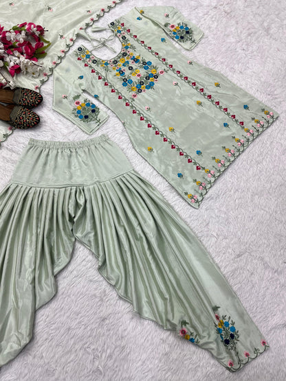 Mint green wedding wear embroidered suit with flowing dupatta and dhoti salwar style - WishTown Fashion Club