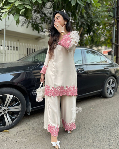 White premium cotton rayon cord set closeup showing detailed neck embroidery designer wear - WishTown Fashion Club