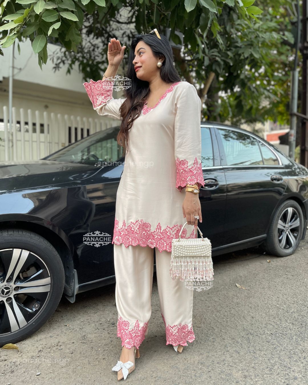 White Karachi cord set in premium rayon cotton with full neck embroidery front view ethnic wear - WishTown Fashion Club