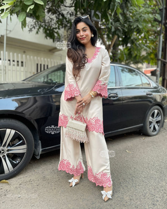 White designer cord set back view with embroidery premium rayon cotton ethnic wear - WishTown Fashion Club