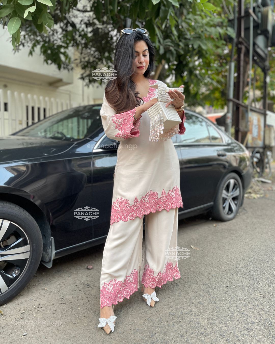 White Karachi style cord set with embroidered top and matching plazo side view ethnic outfit - WishTown Fashion Club