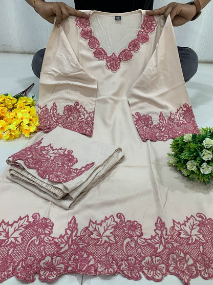 White embroidered rayon cotton cord set with Karachi plazo elegant Pakistani style outfit - WishTown Fashion Club