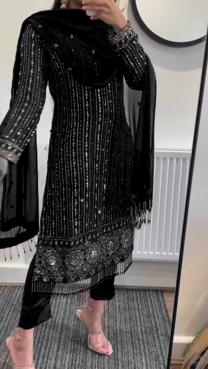 Black faux georgette embroidered suit set with real mirror work and latkan designer ethnic wear front view - WishTown Fashion Club