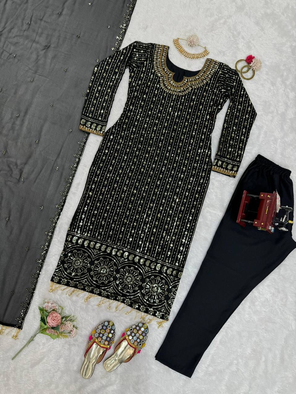 Black faux georgette suit set with micro pant and embroidered dupatta party wear Indian outfit - WishTown Fashion Club