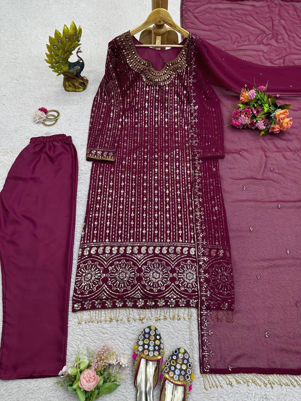 Wine faux georgette suit set with micro pant and embroidered dupatta elegant Indian ethnic wear - WishTown Fashion Club