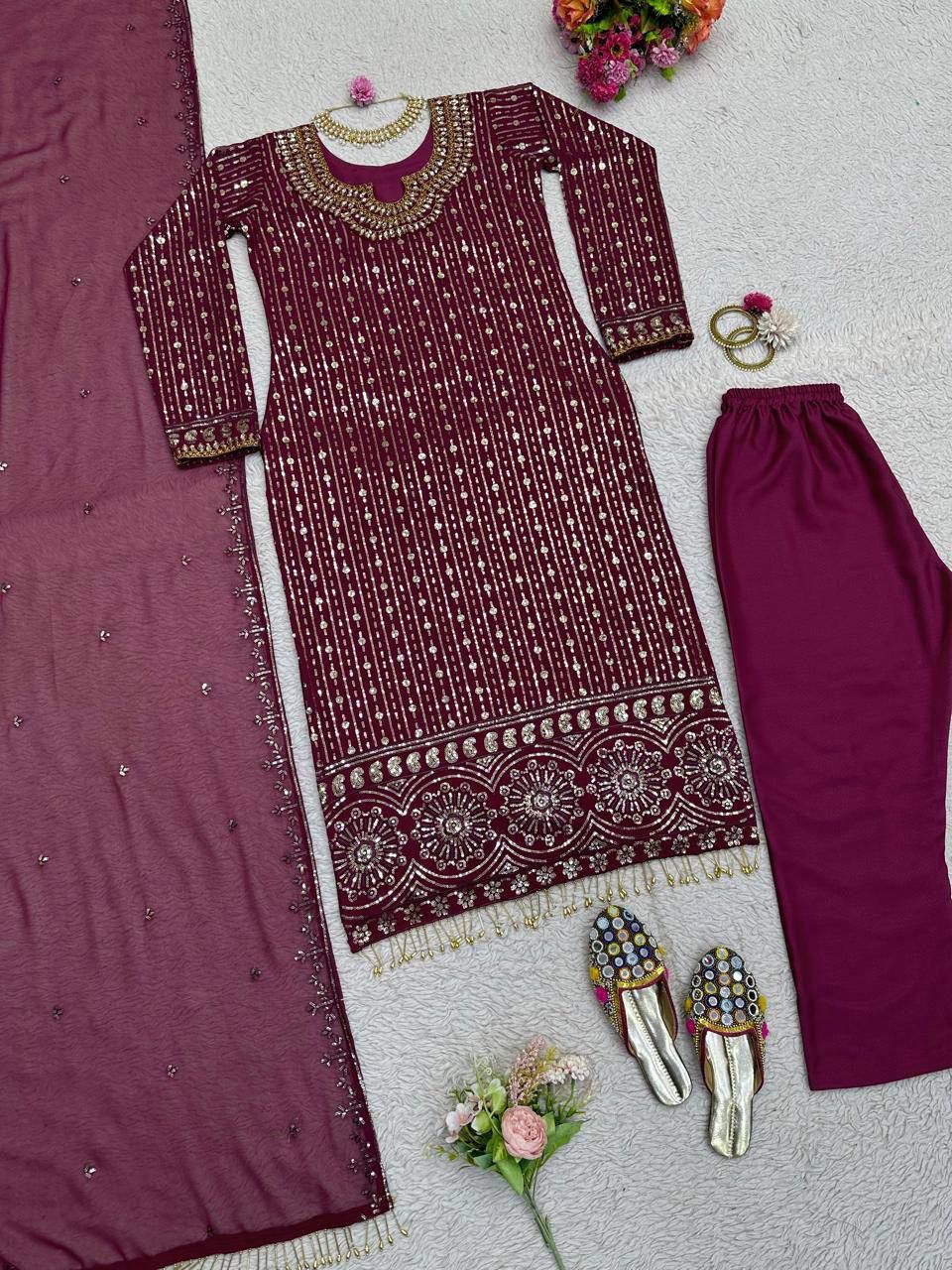 Designer wine georgette embroidered suit back view with mirror work festive wear for women - WishTown Fashion Club