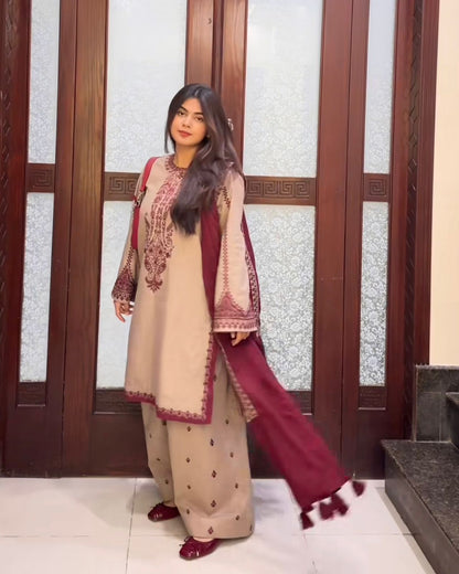 Beige designer faux georgette suit with embroidery sequence work full sleeve top and Farshi pant side angle view - WishTown Fashion Club