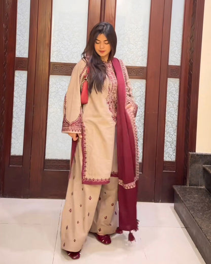 Beige faux georgette embroidered Farshi suit set front view with dupatta designer ethnic wear for women - WishTown Fashion Club