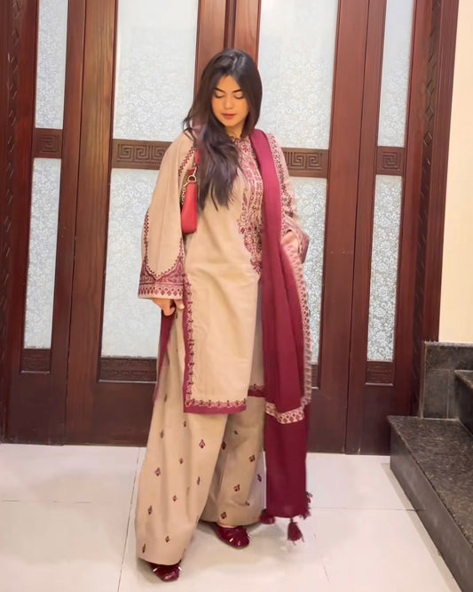 Beige faux georgette embroidered Farshi suit set front view with dupatta designer ethnic wear for women - WishTown Fashion Club