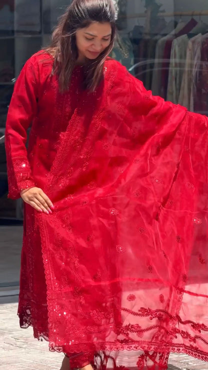 Red designer party wear suit set with embroidered faux georgette top elastic micro cotton bottom and matching dupatta elegant full outfit - WishTown Fashion Club