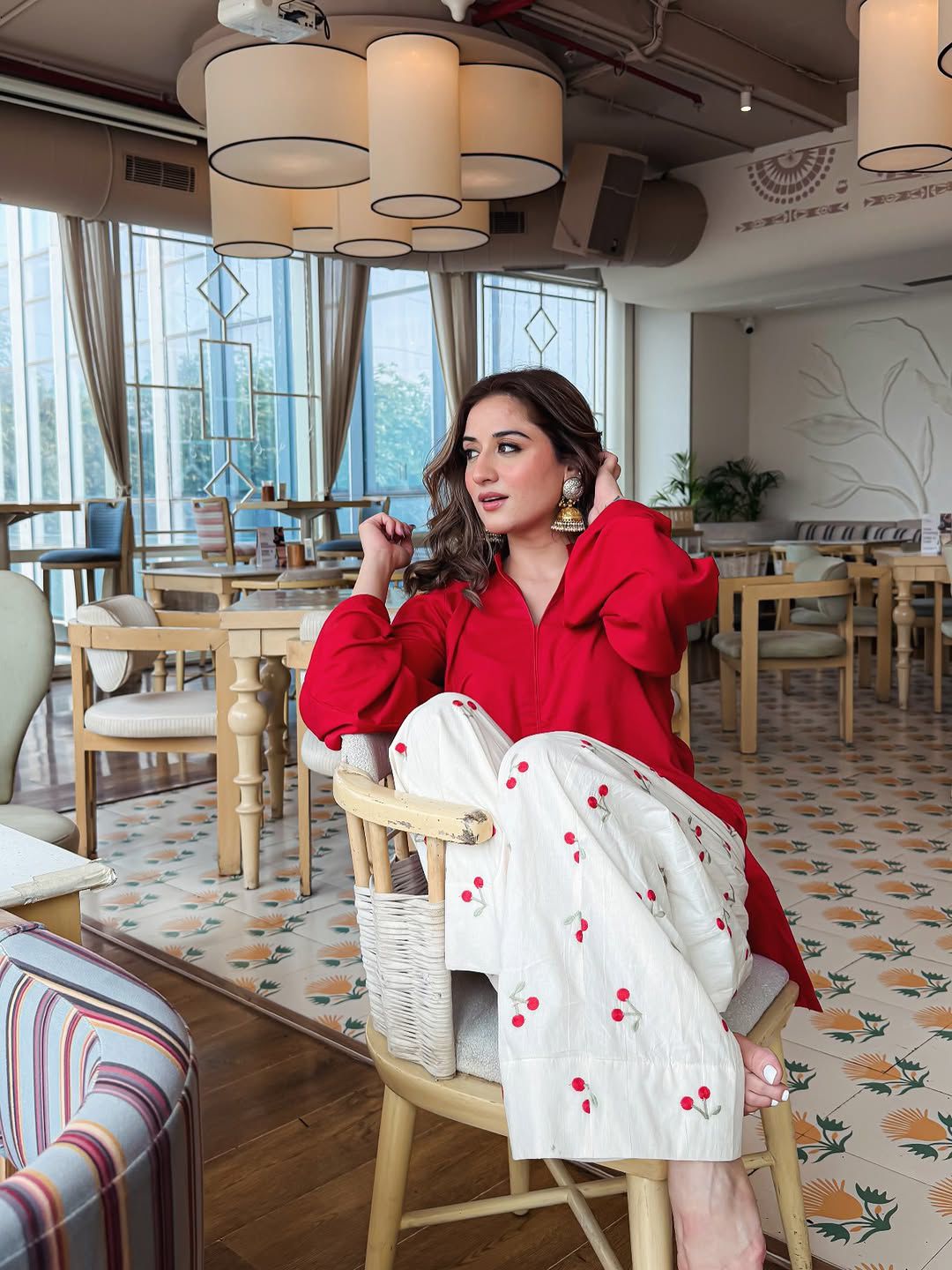 Red pure cotton 60x60 embroidered kurti with heavy yoke and sleeve work paired with matching palazzo for women - WishTown Fashion Club