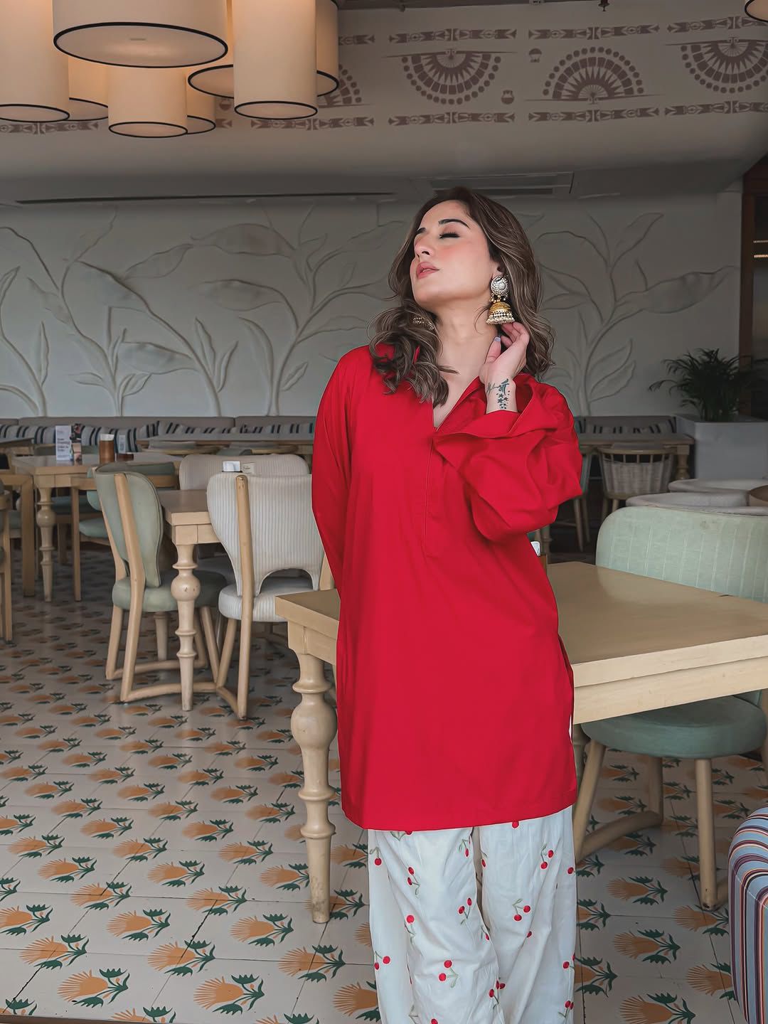 Red pure cotton embroidered palazzo suit set comfortable office wear co ord set for women - WishTown Fashion Club