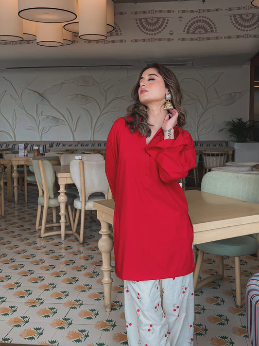 Red pure cotton embroidered palazzo suit set comfortable office wear co ord set for women - WishTown Fashion Club