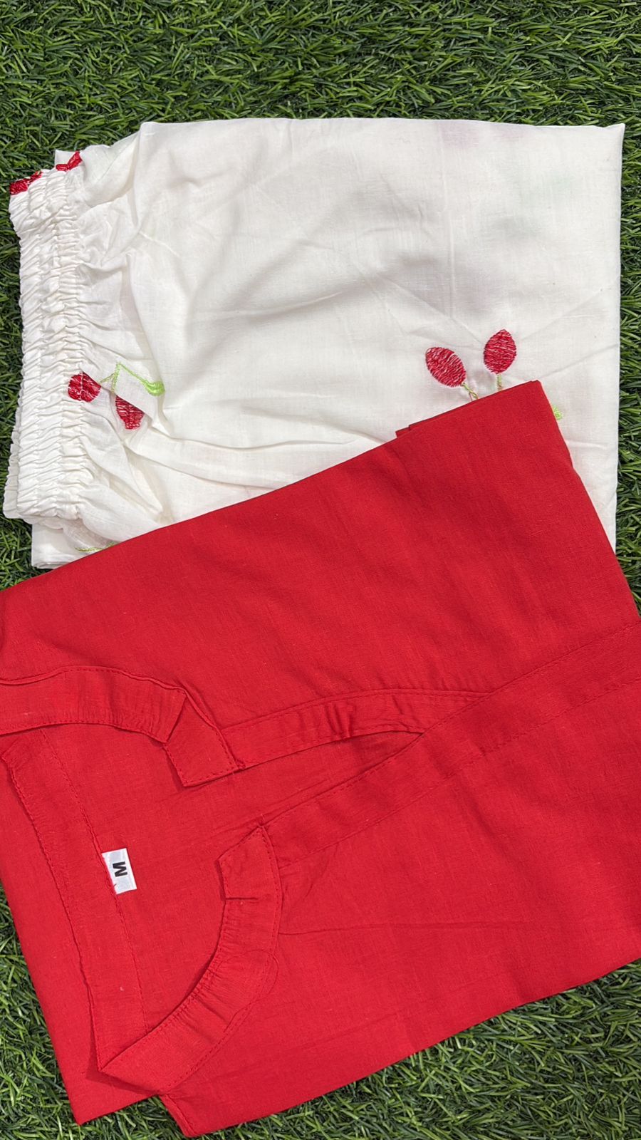 Designer red cotton coordinate set with embroidered yoke sleeves and palazzo available in M 38 L 40 XL 42 XXL 44 - WishTown Fashion Club