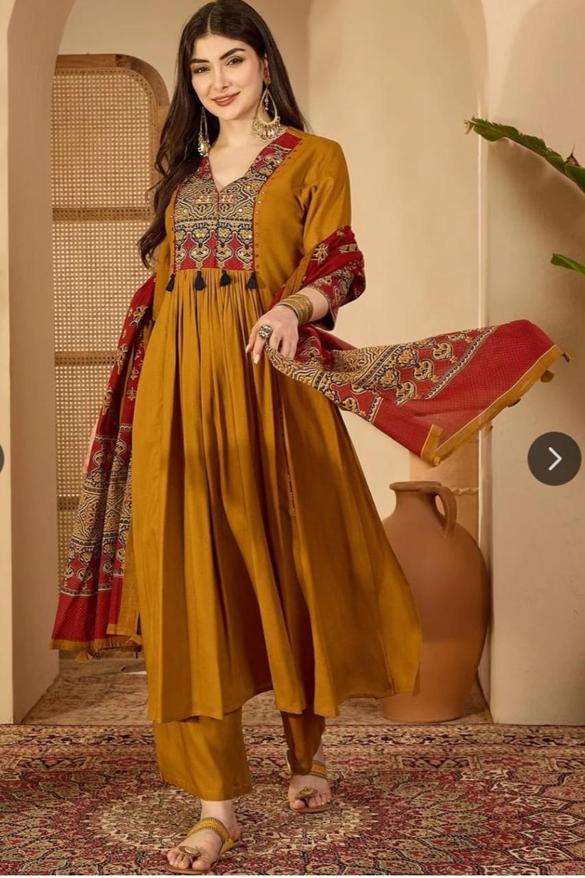 Yellow festive wear cotton kurta set with dupatta stylish look - WishTown Fashion Club