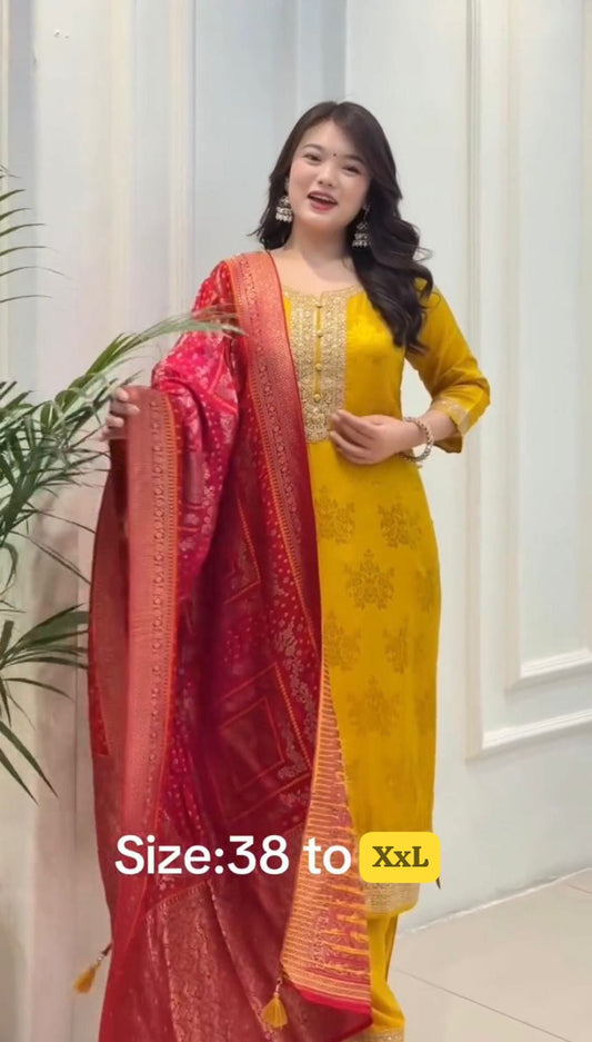 Yellow pure Banarasi suit set with embroidered neckline front view - WishTown Fashion Club