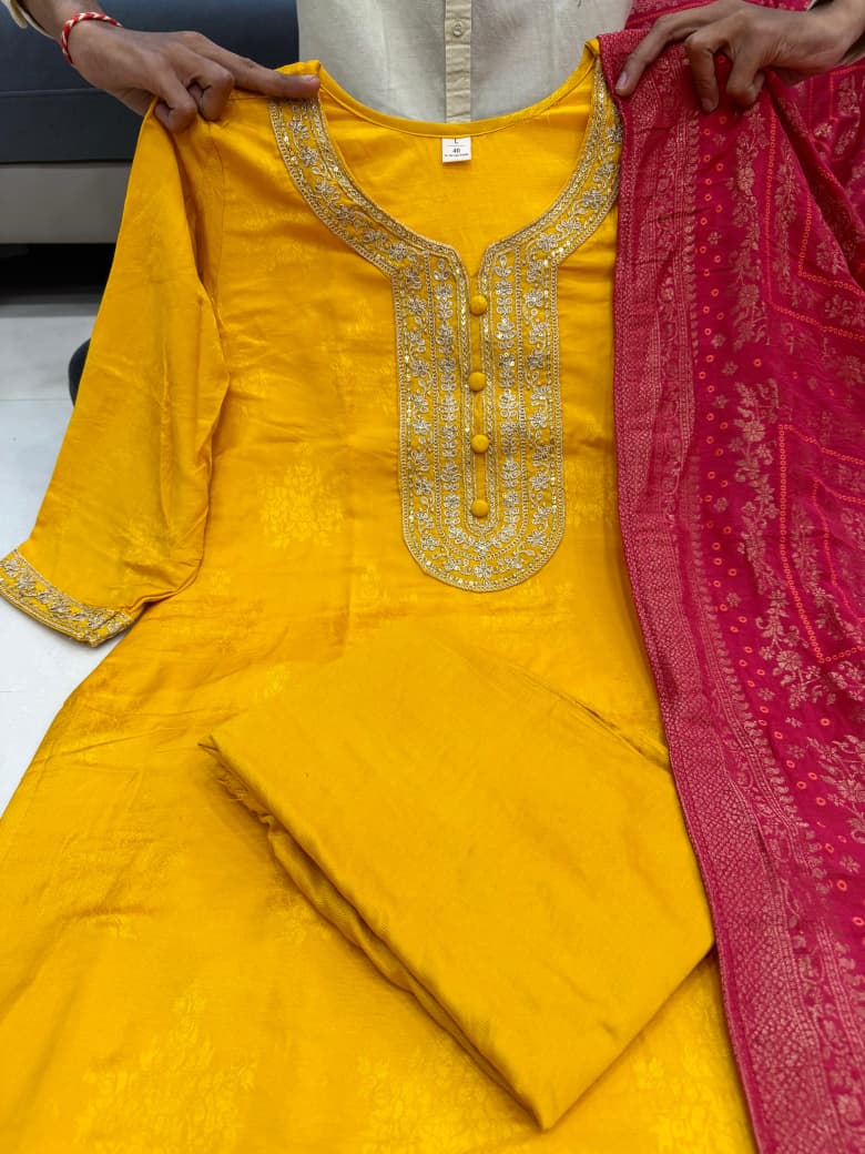 Yellow wedding haldi wear Banarasi kurti pant dupatta set - WishTown Fashion Club