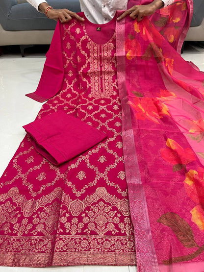Dark pink ethnic Banarasi silk suit set showroom piece - WishTown Fashion Club