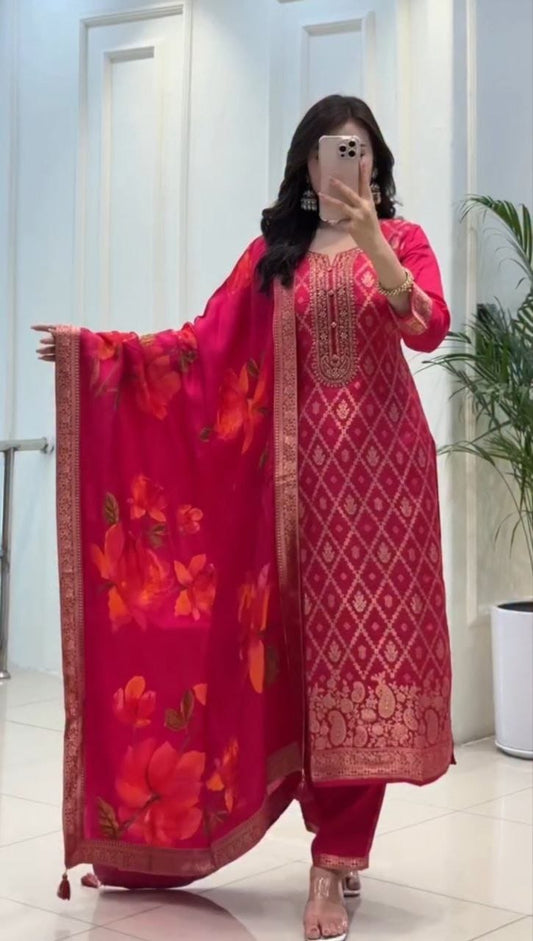 Dark pink Banarasi silk kurti pant dupatta set front view - WishTown Fashion Club
