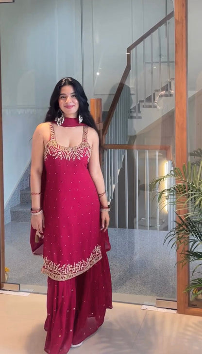 Dark pink designer sharara set with bead and thread embroidery - WishTown Fashion Club
