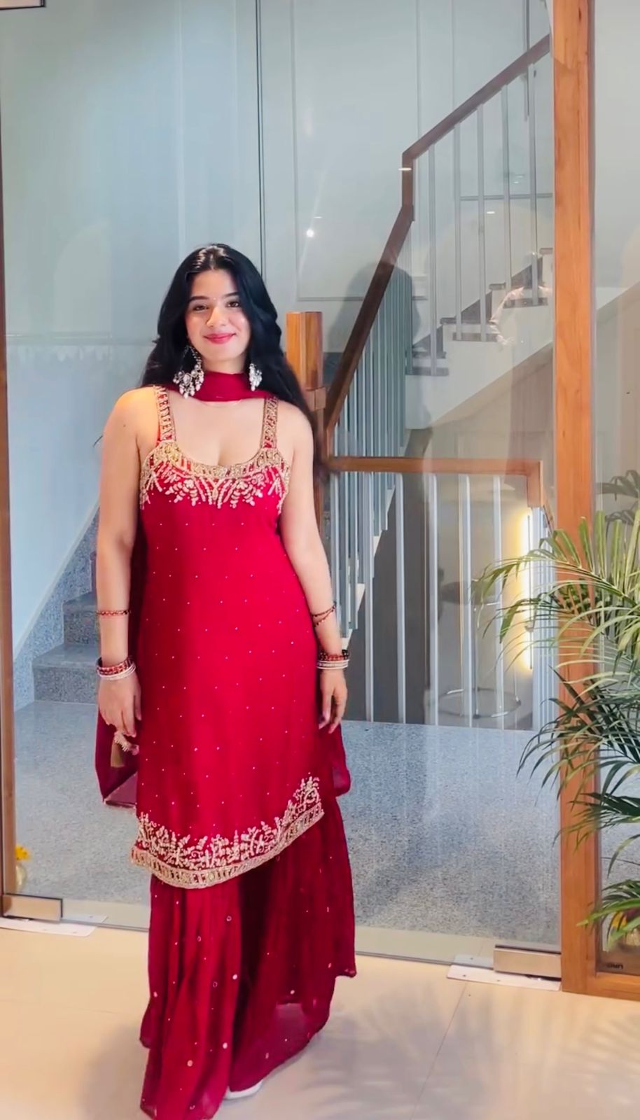 Red faux georgette sharara set with sequins embroidered top - WishTown Fashion Club
