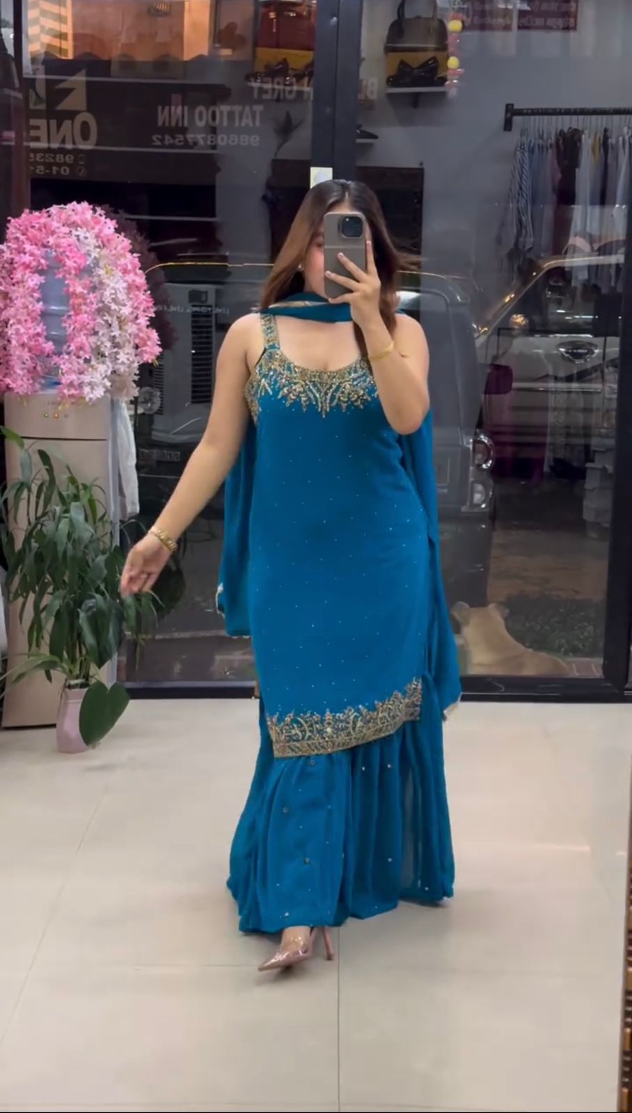 Blue faux georgette sharara set with bead and sequins work - WishTown Fashion Club
