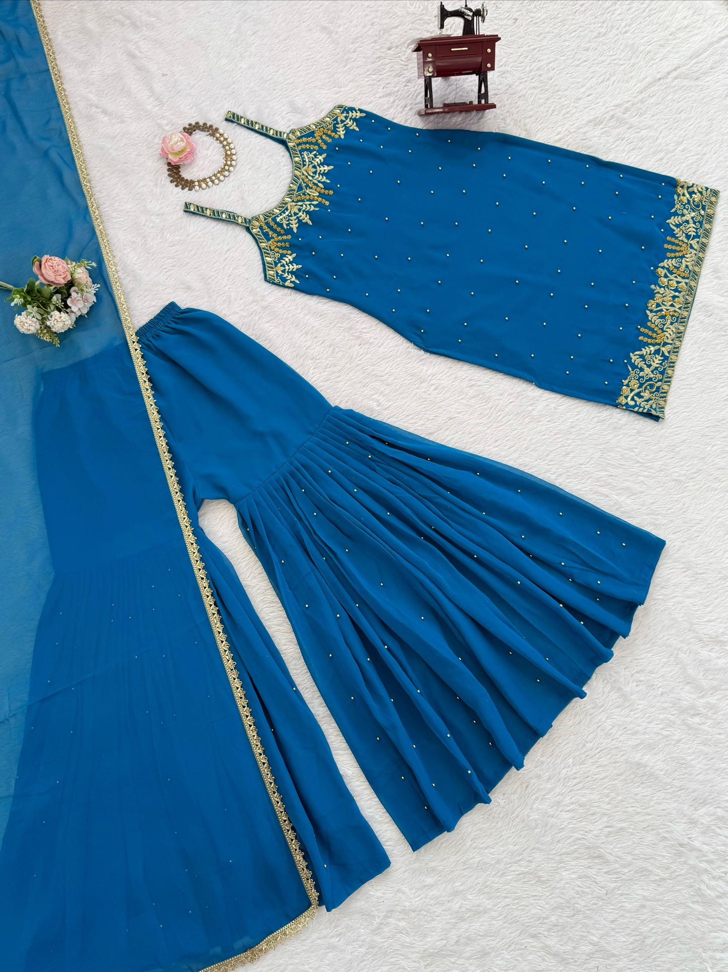 Blue designer sharara suit with pearl detailing and dupatta - WishTown Fashion Club