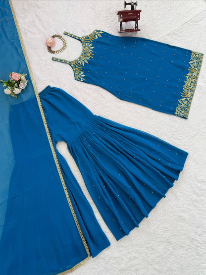 Blue designer sharara suit with pearl detailing and dupatta - WishTown Fashion Club